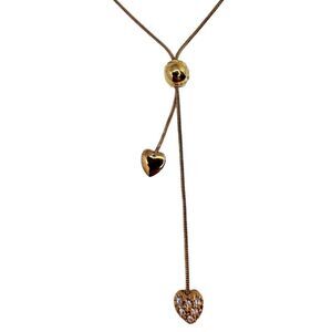 Gold Tone Double Heart Lariat Chain Necklace 22" Rhinestone Love Valentines Day